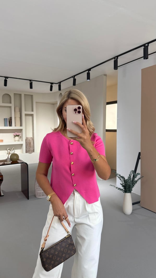 Gold Düğme Detay Kısa Kol Pembe Triko Hırka