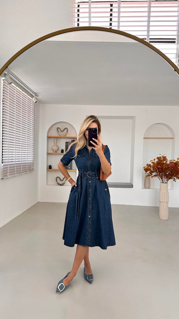 Apoletli Lacivert Çan Denim Elbise