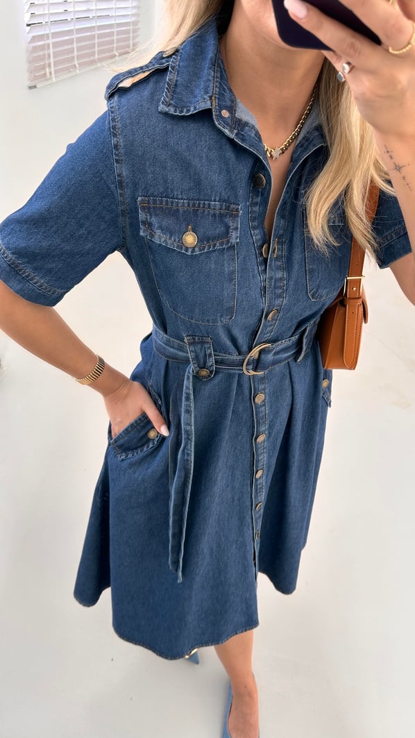 Apoletli Lacivert Çan Denim Elbise