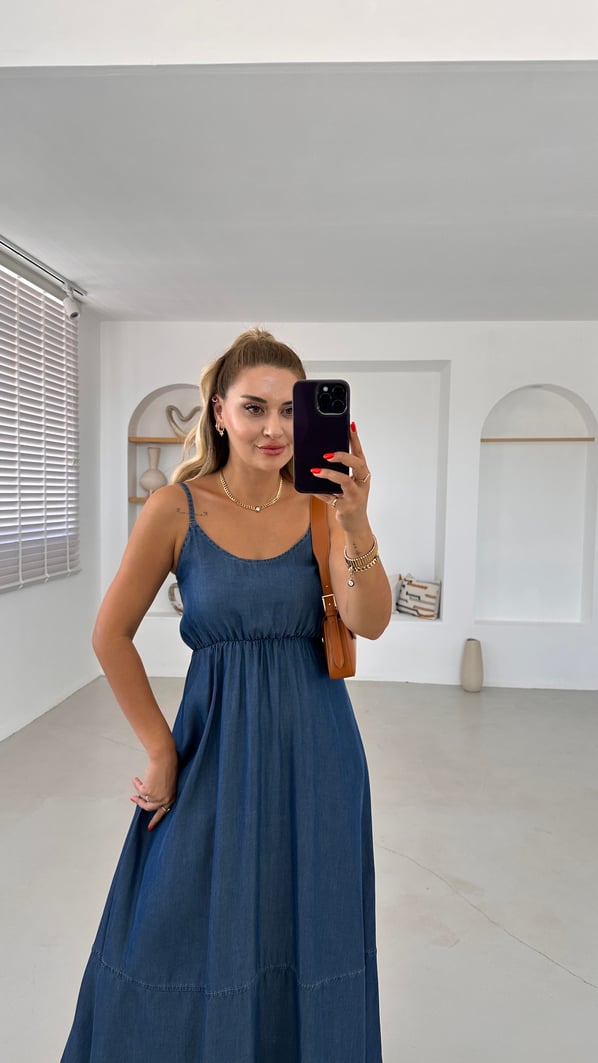 Askılı Maxi Lacivert Tensel Denim Elbise