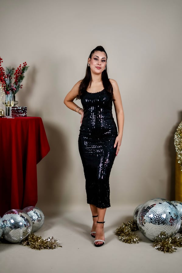 Askısı Ayarlanabilir Astarlı Midi Payet Elbise