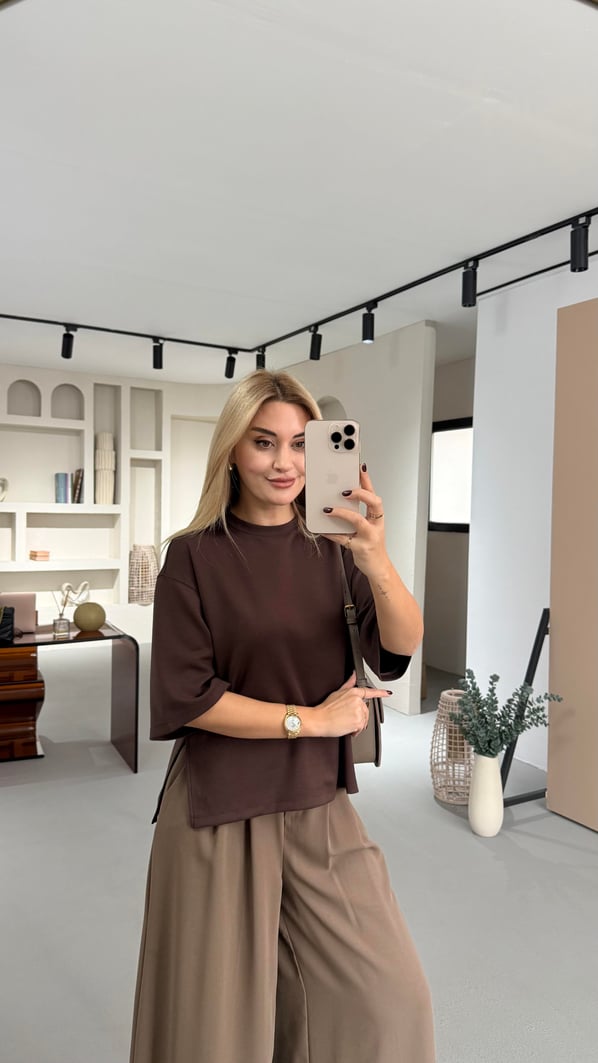 Yırtmaç Detay Oversize Kahve Tok Modal Basic Tshirt