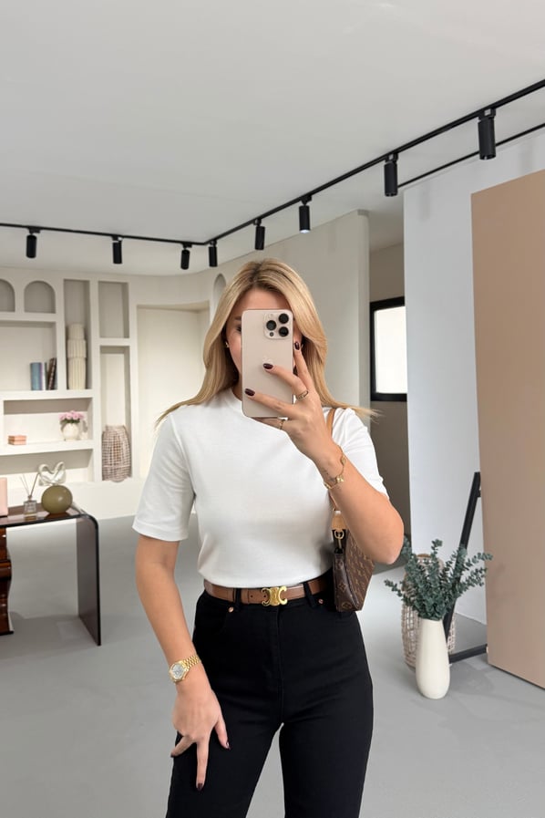 Premium Seri Bisiklet Yaka Pamuklu Beyaz Basic Tshirt