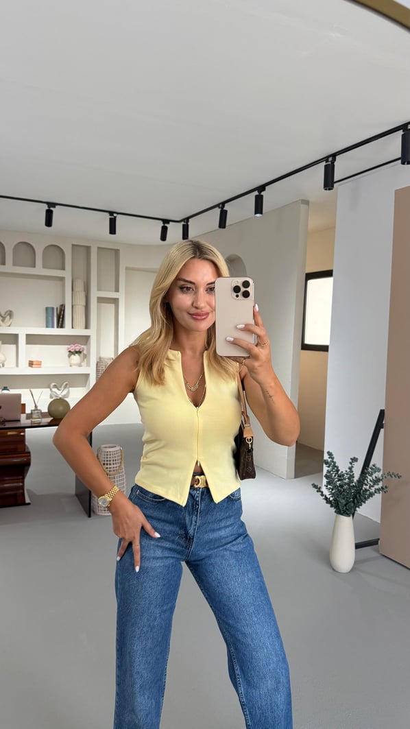 Çift Fermuar Detay Sarı Bluz