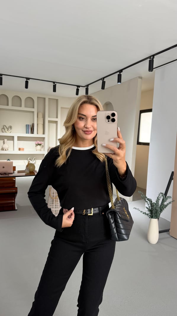 Biye Detay Siyah Uzun Kol Basic Sweat