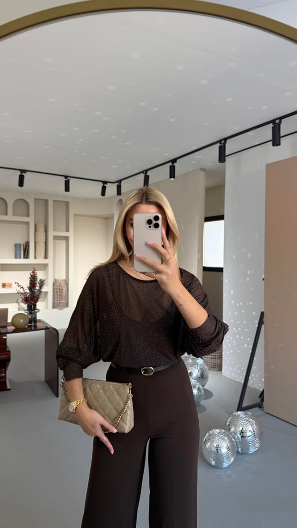 Yarasa Kol Simli Kahve Tül Bluz