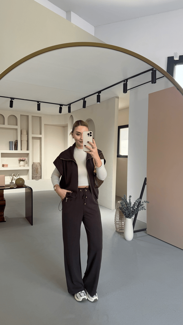 Premium Seri Paraşüt Detaylı Kahve Yelekli Modal Takım