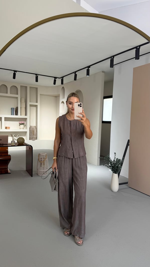 Premium Seri Kahve Kırınkıl Yelek Pantolon Takım