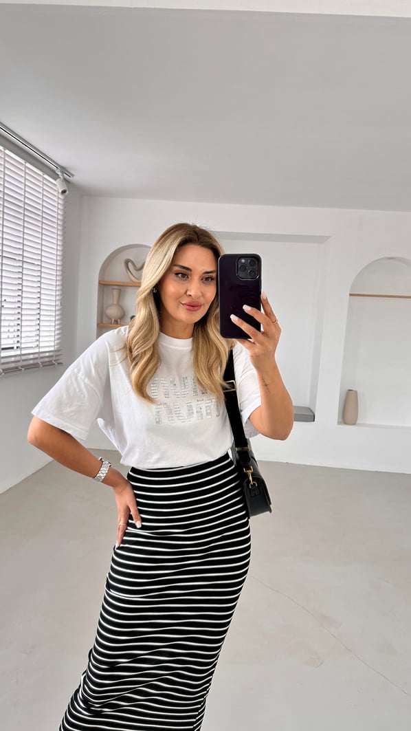 Baget Taşlı Oversize Beyaz Tshirt