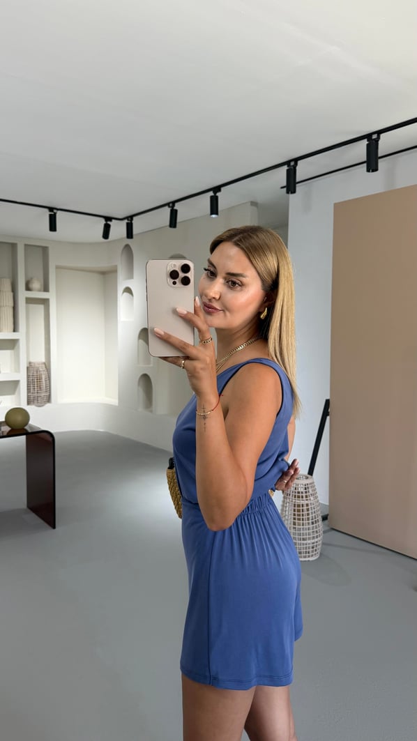 Bağlama Detay İndigo Modal Şort Etek