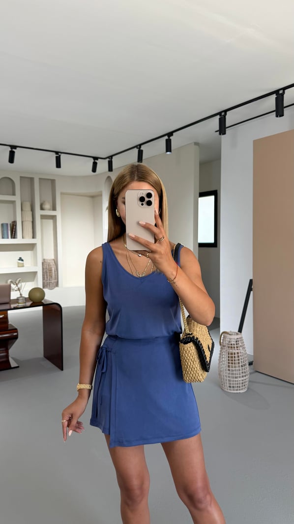 Bağlama Detay İndigo Modal Şort Etek