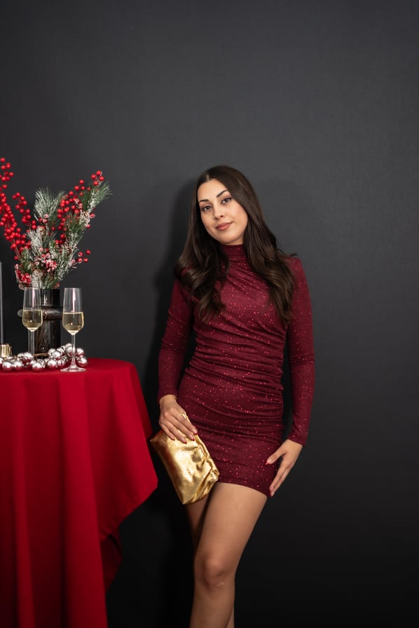 Balıkçı Yaka Drapeli Simli Bordo Elbise