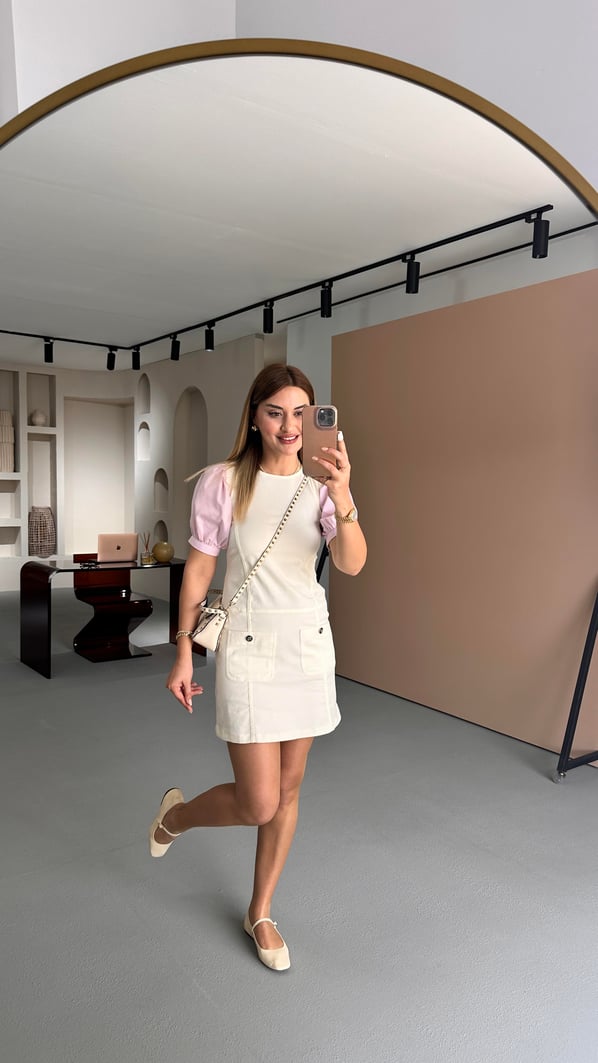 Balon Kol Krem Likralı Denim Elbise