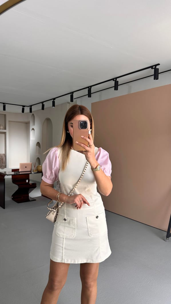 Balon Kol Krem Likralı Denim Elbise