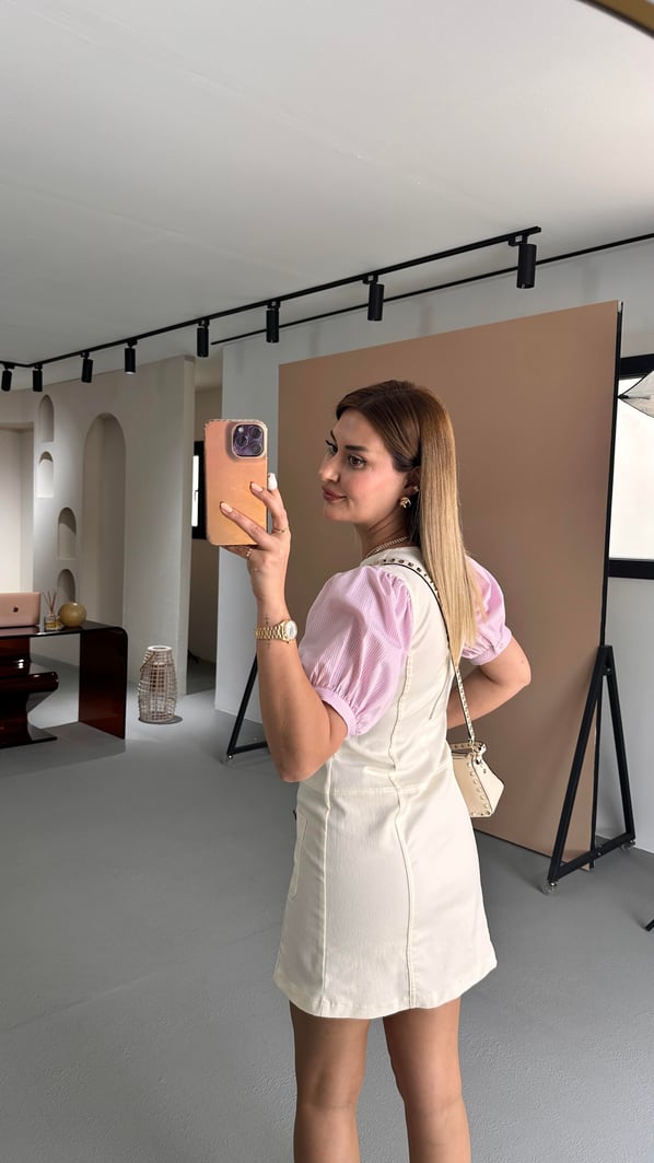 Balon Kol Krem Likralı Denim Elbise