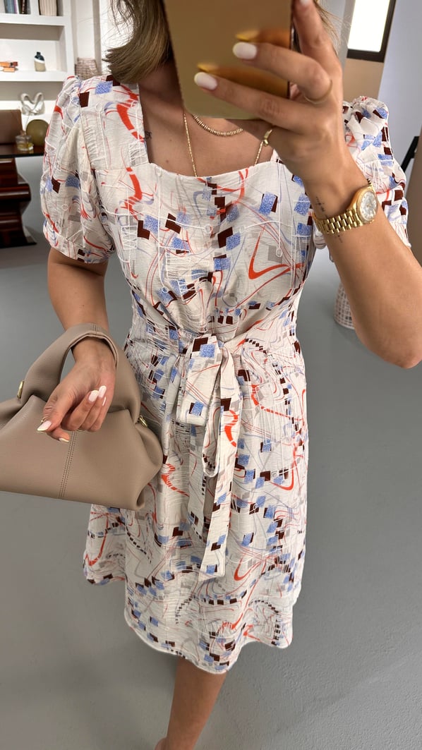 Balon Kol Nakış Detay Ekru Desenli Çan Elbise