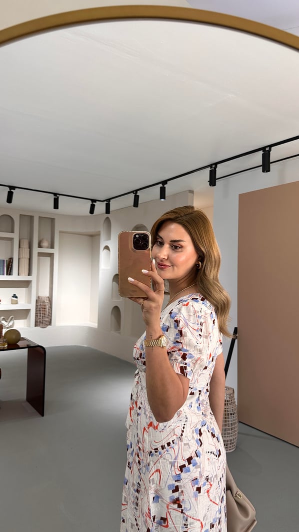 Balon Kol Nakış Detay Ekru Desenli Çan Elbise