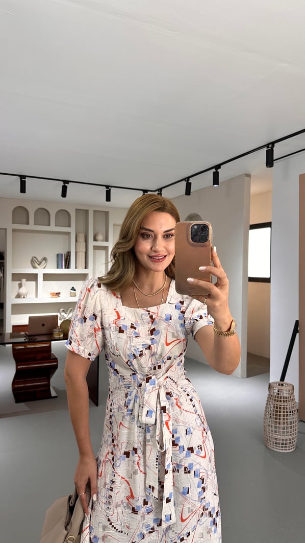 Balon Kol Nakış Detay Ekru Desenli Çan Elbise