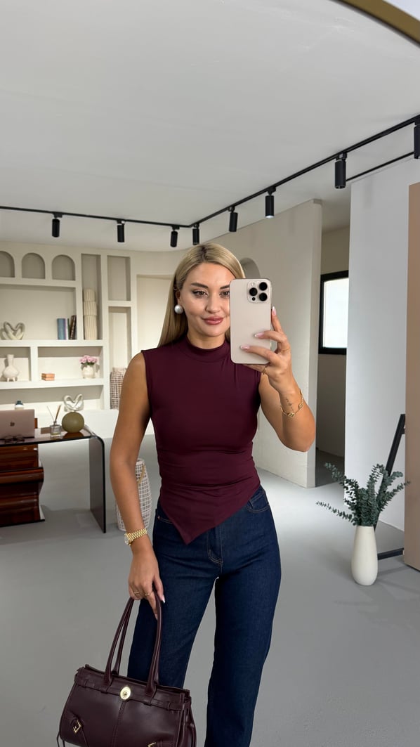 Dik Yaka Drape Detay Mürdüm Asimetrik Kesim Bluz