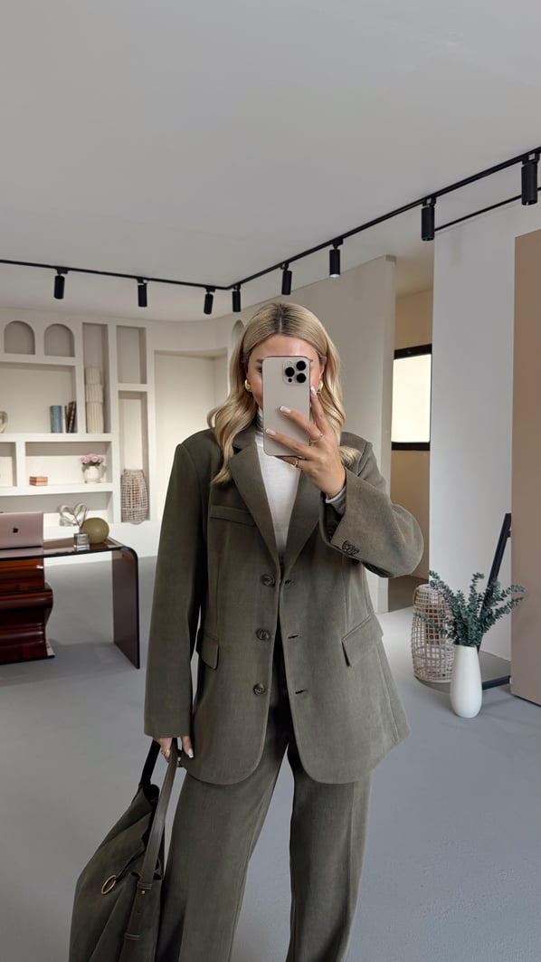 Maskülen Haki Kadife Blazer Ceket