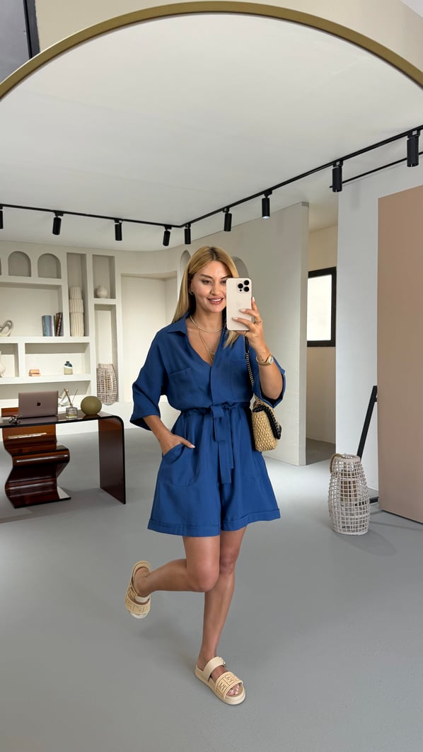 Bel Ayarlamalı Gömlek Yaka Saks Tensel Şort Tulum