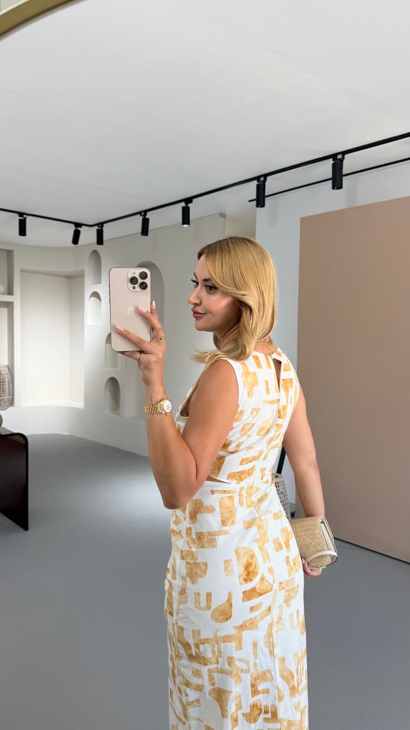 Bel Dekolteli Yırtmaç Detay Hardal Keten Elbise