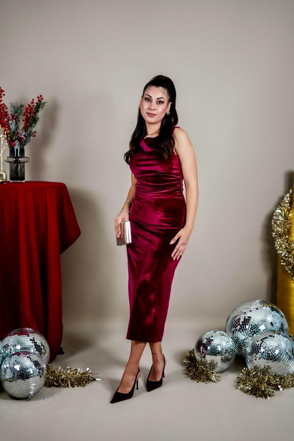 Bel Drape Detay Kadife Bordo Midi Elbise