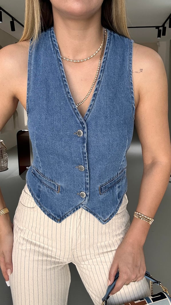 Bel Kemer Detay Mavi Denim Yelek