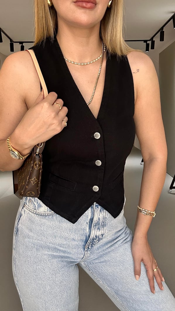 Bel Kemer Detay Siyah Denim Yelek