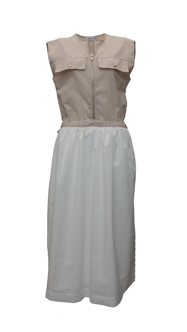 Bel Lastik Ayarlamalı Cep Detay Taş Ekru Kontrast Elbise