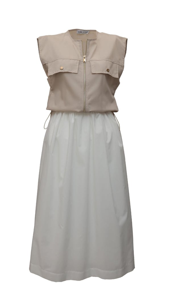 Bel Lastik Ayarlamalı Cep Detay Taş Ekru Kontrast Elbise