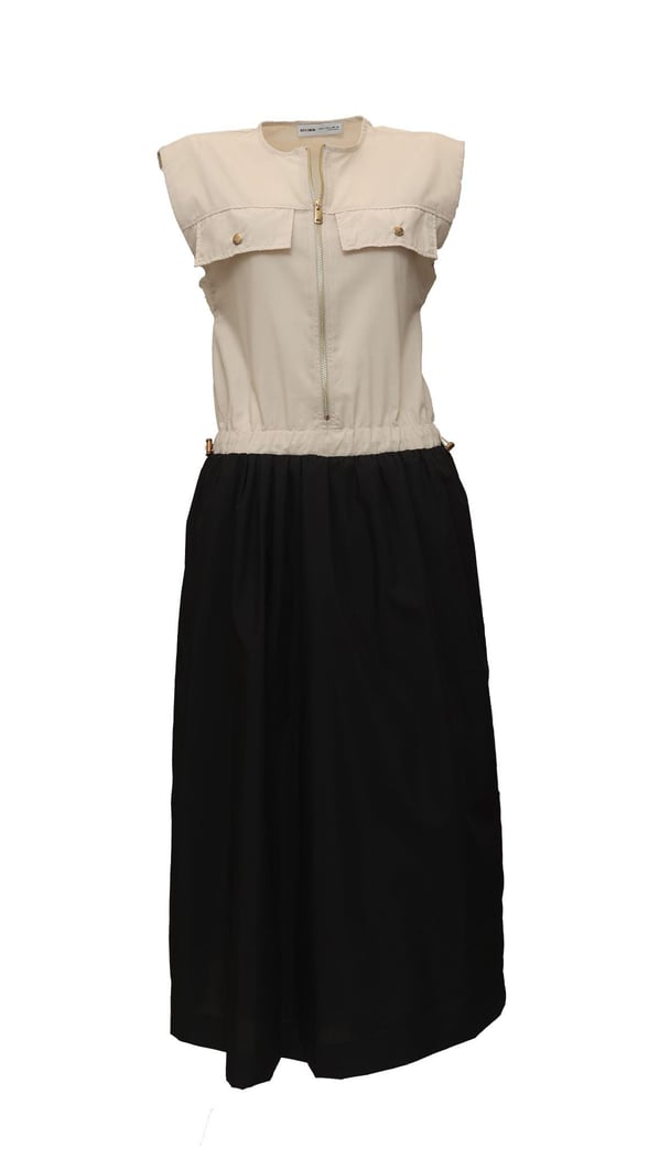 Bel Lastik Ayarlamalı Cep Detay Taş Siyah Kontrast Elbise