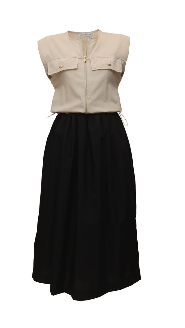 Bel Lastik Ayarlamalı Cep Detay Taş Siyah Kontrast Elbise