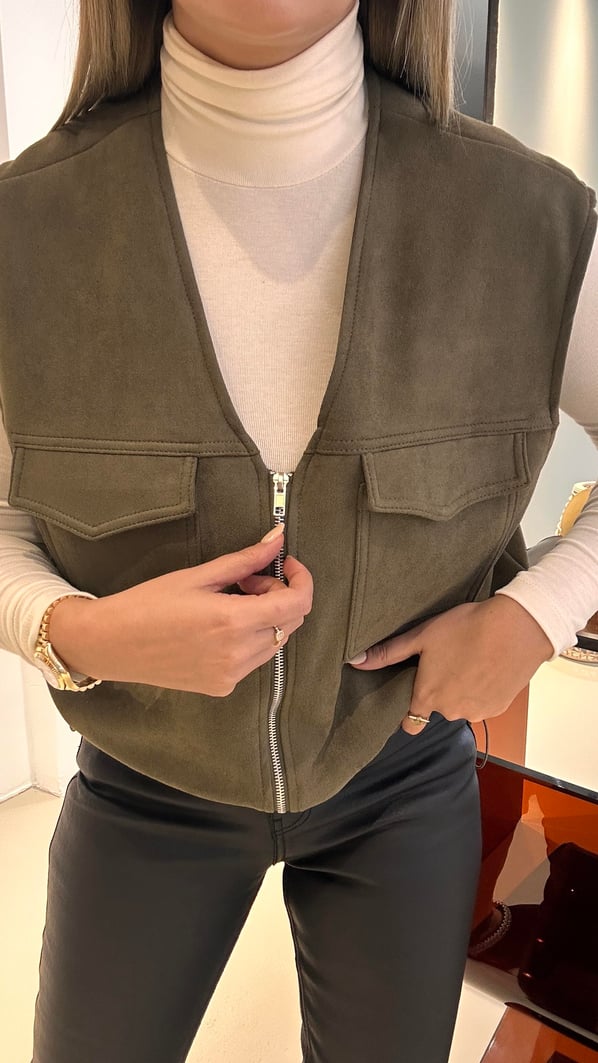 Bel Lastikli Cep Detay Süet Haki Yelek
