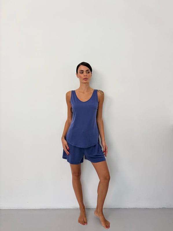 Bel Lastikli Dökümlü İndigo Modal Şort