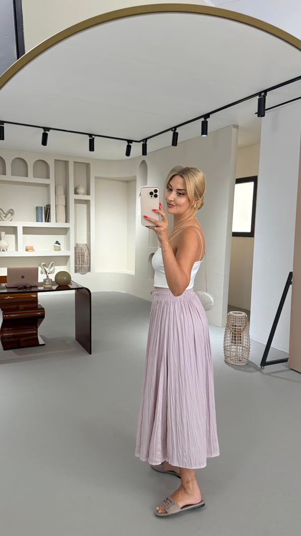 Bel Lastikli Kırışık Doku Saten Midi Lila Etek