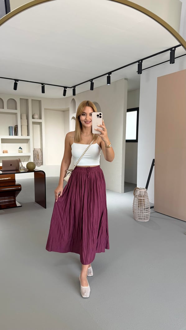 Bel Lastikli Kırışık Doku Saten Midi Mürdüm Etek