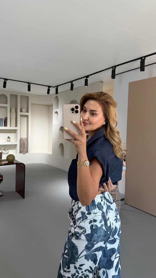 Bel Lastikli Likralı Denim Desen Ekru Pantolon