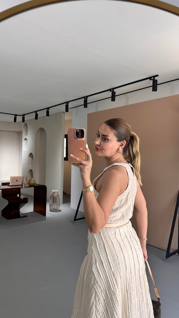 Bel Lastikli Natural Fistolu Asimetrik Çan Elbise