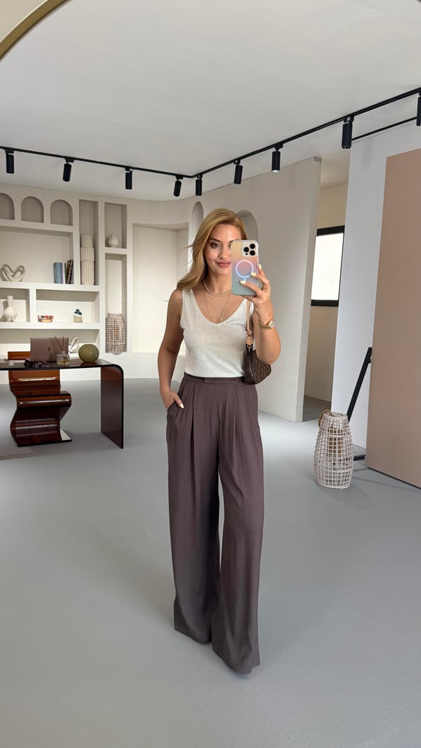 Bel Lastikli Pilise Detay Kahve Keten Palazzo Pantolon