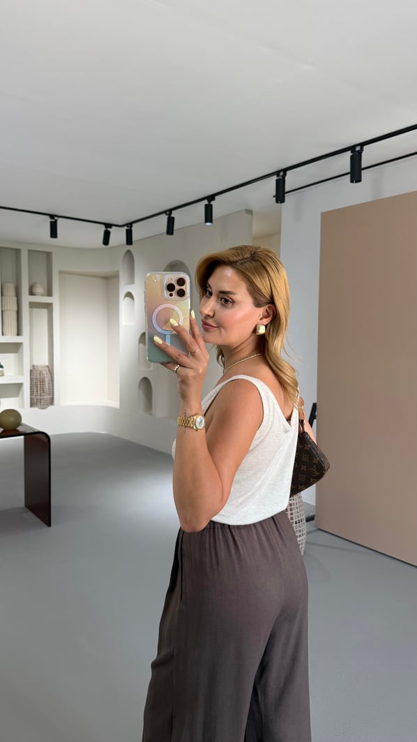 Bel Lastikli Pilise Detay Kahve Keten Palazzo Pantolon