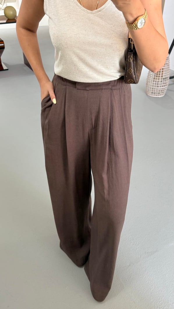 Bel Lastikli Pilise Detay Kahve Keten Palazzo Pantolon