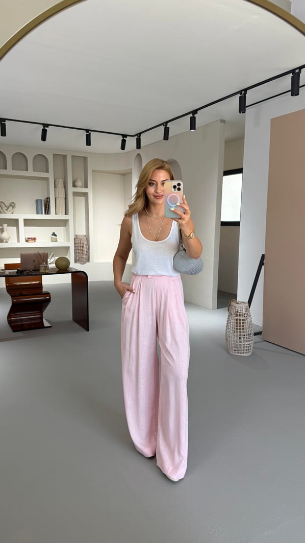 Bel Lastikli Pilise Detay Pudra Pembe Keten Palazzo Pantolon