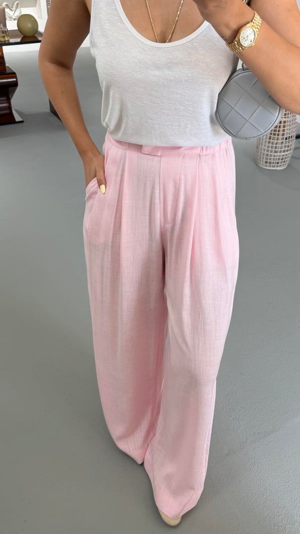 Bel Lastikli Pilise Detay Pudra Pembe Keten Palazzo Pantolon