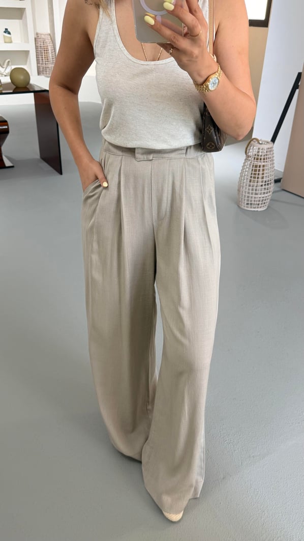 Bel Lastikli Pilise Detay Vizon Keten Palazzo Pantolon