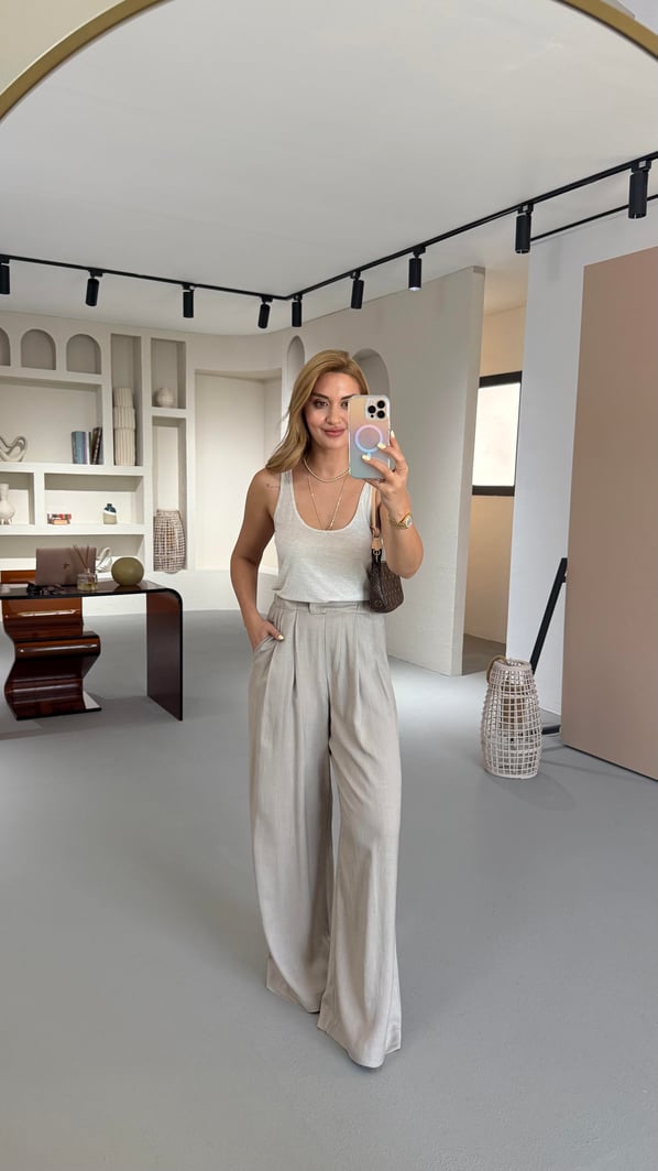 Bel Lastikli Pilise Detay Vizon Keten Palazzo Pantolon