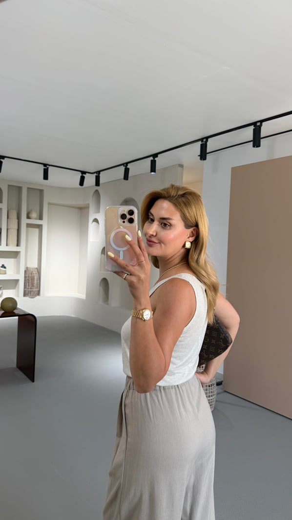 Bel Lastikli Pilise Detay Vizon Keten Palazzo Pantolon