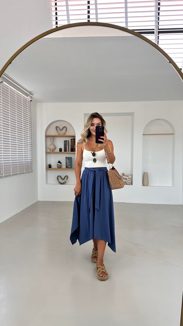 Beli Lastikli Asimetrik Kesim Tensel Indigo Etek