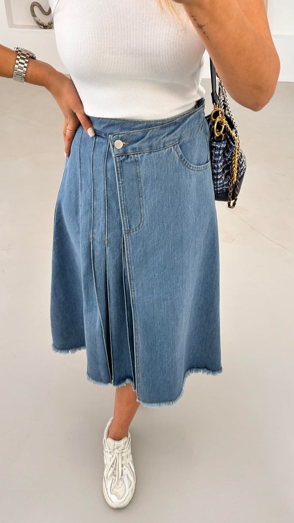 Beli Lastikli Belden Ayarlamalı Çan Denim Etek
