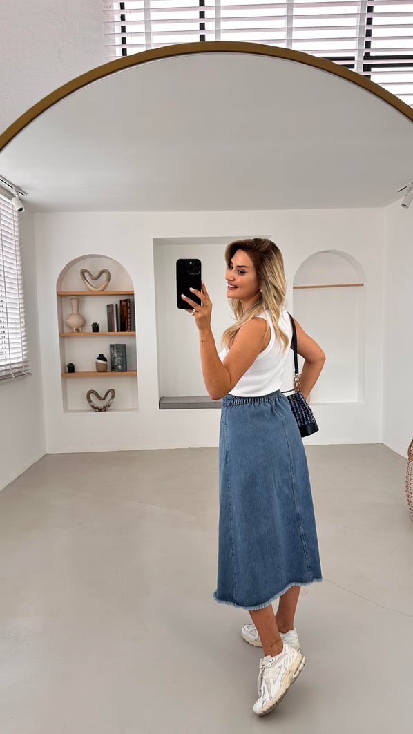 Beli Lastikli Belden Ayarlamalı Çan Denim Etek